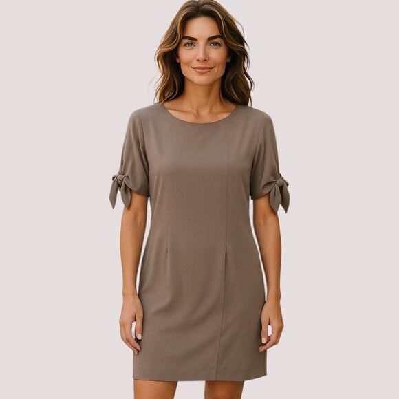 Womens Size 0 XXS Minimalist Gray Brown Sheath Bow Sleeve Career Dress Preppy - Picture 1 of 8